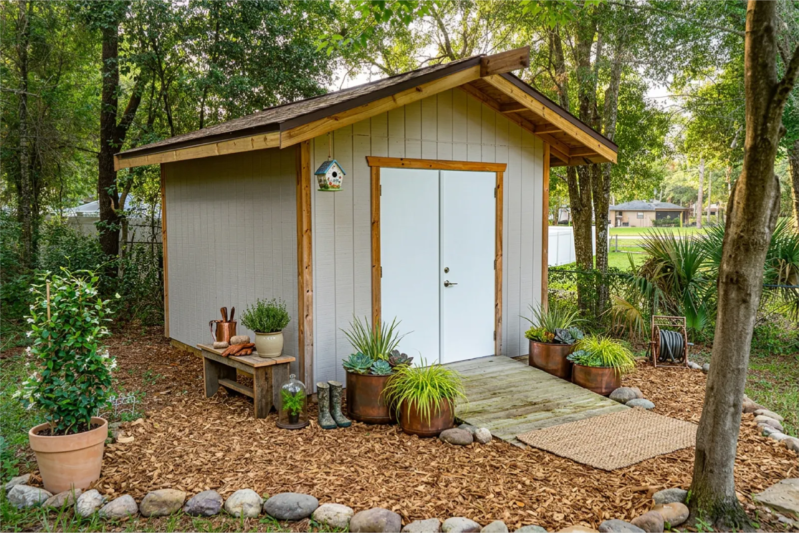 A finished Carpenter Rick cabin shed in a wooded backyard