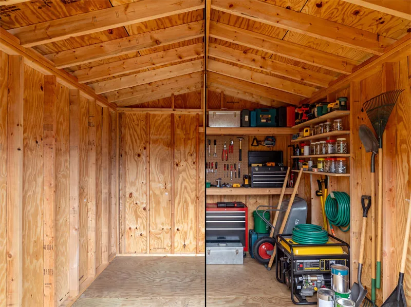 A finished cabin interior: framed walls, roof trusses and plywood floor, fitted out as a workshop