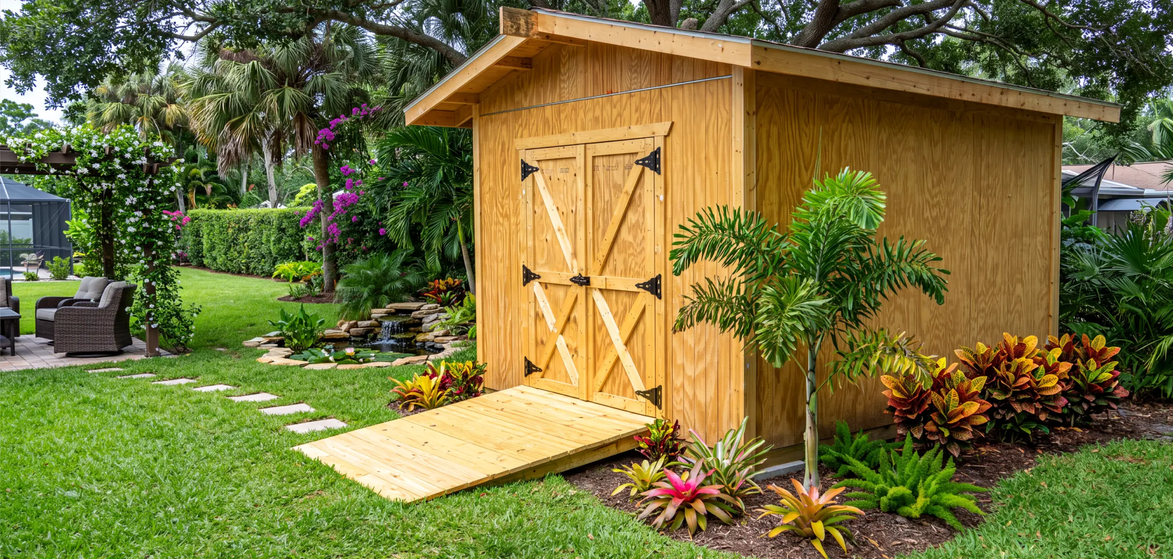 A Carpenter Rick cabin with ramp, finished in a landscaped backyard