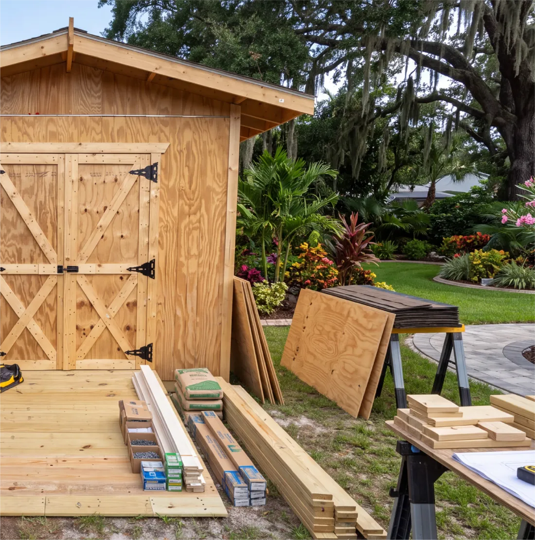 Framing lumber and materials stacked beside a shed under construction